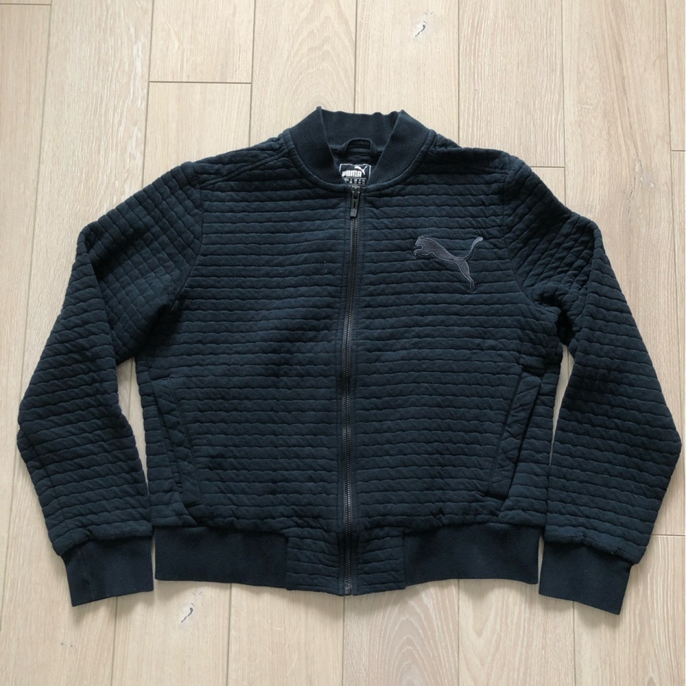 Puma Quilted Zip Up Jacket in Black Logo Embroidered